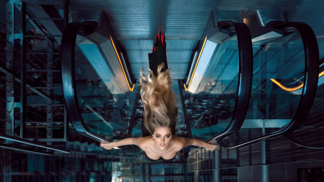 Woman floating city futuristic panfuturism free wallpaper for desktop - medium preview image