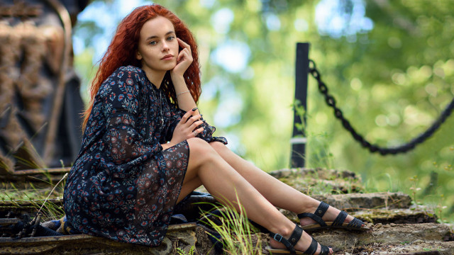 Red haired woman forest portrait free wallpaper for desktop - medium preview image