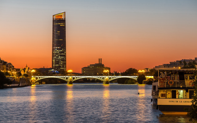 River bridge building sunset boat free wallpaper for desktop - medium preview image