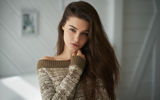 Romantic portrait longhair sweater bareshoulders free wallpaper for desktop - medium preview image
