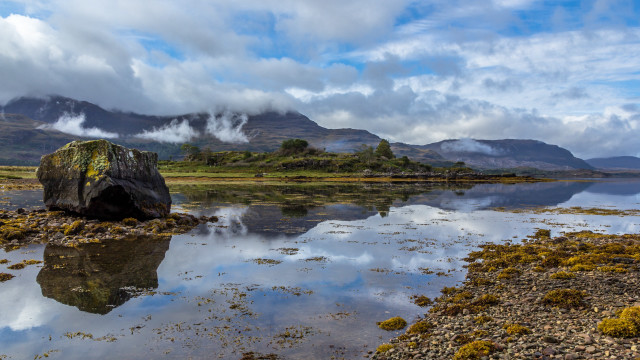 Mountain lake clouds grass sky free wallpaper for desktop - medium preview image