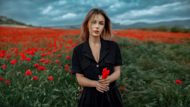 Woman flower field cloudy sky free wallpaper for desktop - medium preview image