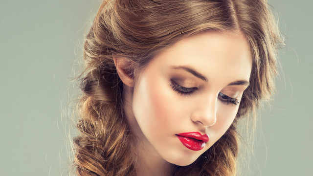 Woman redlipstick braided eyes closed free wallpaper for desktop - medium preview image