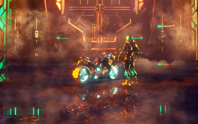 Futuristic man motorcycle neon smoke free wallpaper for desktop - medium preview image