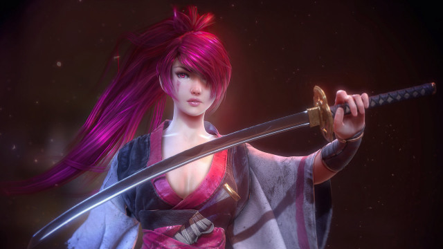Pink haired samurai portrait katana free wallpaper for desktop - medium preview image