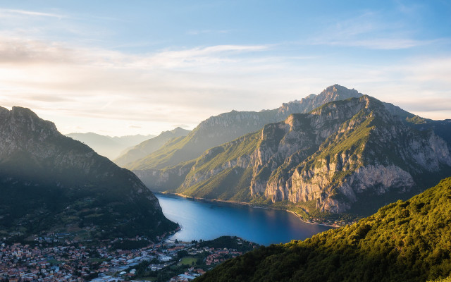 Mountain lake town sky clouds free wallpaper for desktop - medium preview image