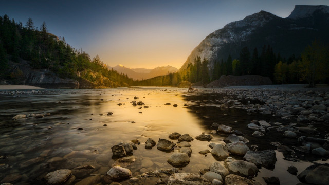 River rocks trees sunset mountains free wallpaper for desktop - medium preview image