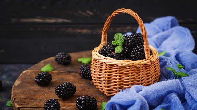 Blackberries basket wooden table blue free wallpaper for desktop - medium preview image