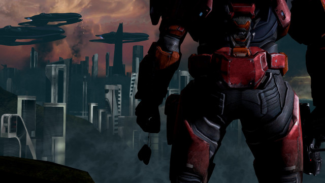 Futuristic man cityscape ruins mecha free wallpaper for desktop - medium preview image