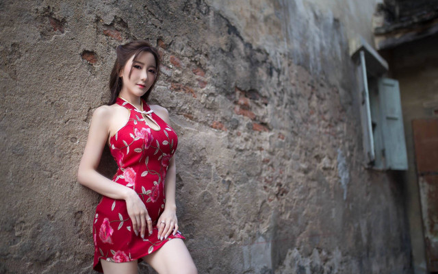 Woman red dress wall portrait free wallpaper for desktop - medium preview image