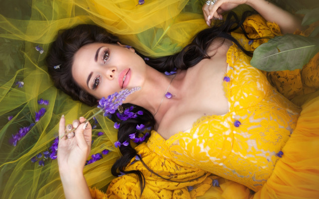 Woman yellow dress purple flowers free wallpaper for desktop - medium preview image