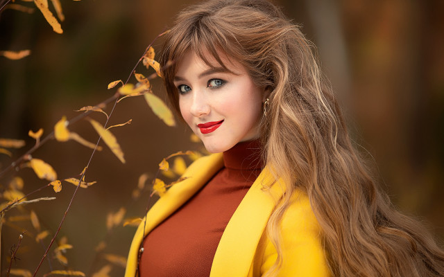 Woman longhair yellowjacket leaves redlip free wallpaper for desktop - medium preview image