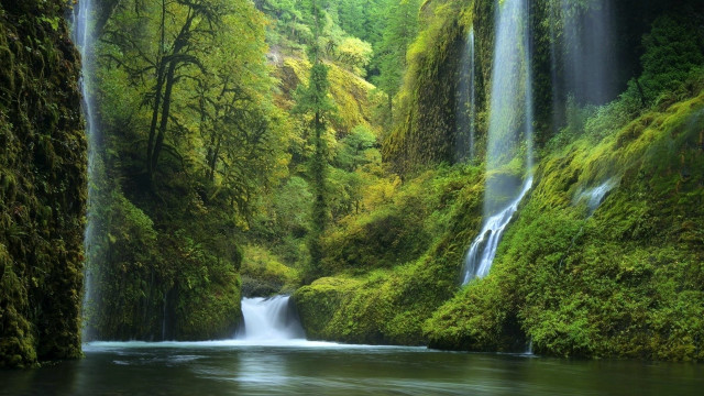 Waterfall forest river trees people free wallpaper for desktop - medium preview image