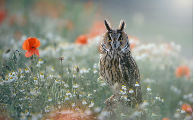 Owl flower field red background free wallpaper for desktop - medium preview image
