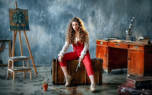 Woman sitting suitcase room painting free wallpaper for desktop - medium preview image