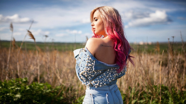 Pink haired woman field clouds free wallpaper for desktop - medium preview image