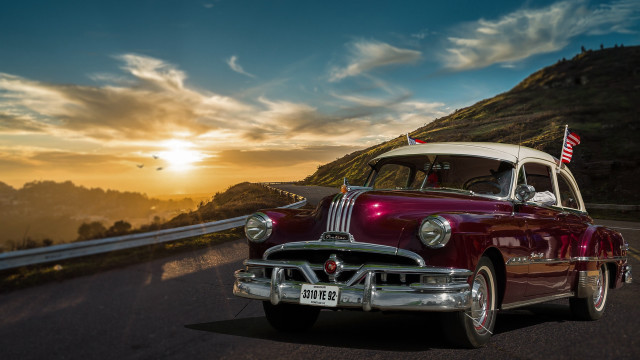 Classic car sunset hill mountain free wallpaper for desktop - medium preview image