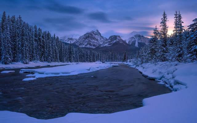 River snowy forest mountains cloudy free wallpaper for desktop - medium preview image