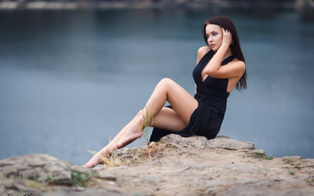 Woman sitting lake black dress free wallpaper for desktop - medium preview image