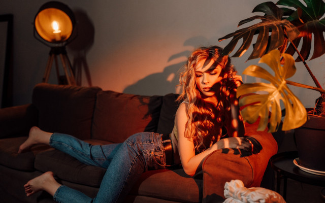 Woman couch hair dryer plant free wallpaper for desktop - medium preview image