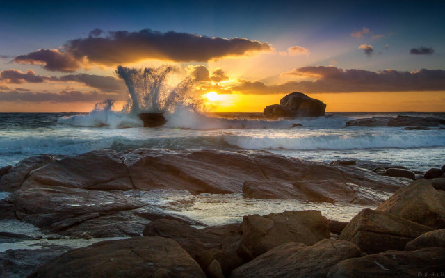 Wave rocks sunset ocean foreground free wallpaper for desktop - medium preview image