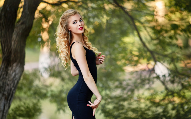 Woman black dress park blonde free wallpaper for desktop - medium preview image