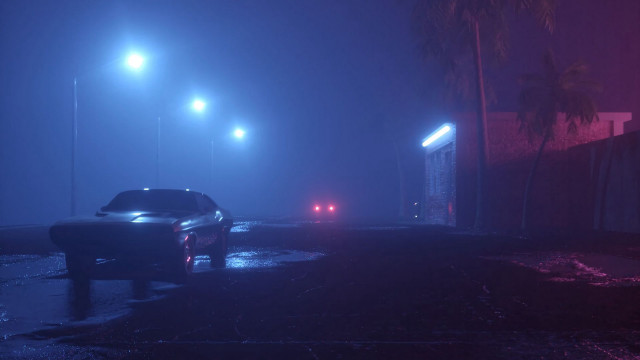 Wet street night palm synthwave free wallpaper for desktop - medium preview image