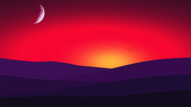 Sunset red sky crescent moon free wallpaper for desktop - medium preview image