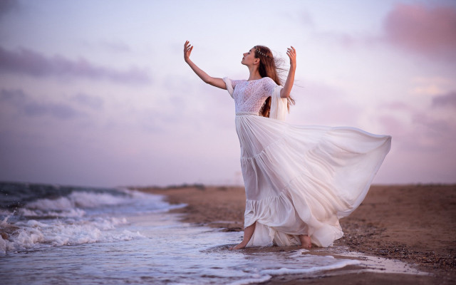 Beach woman white dress outstretched free wallpaper for desktop - medium preview image