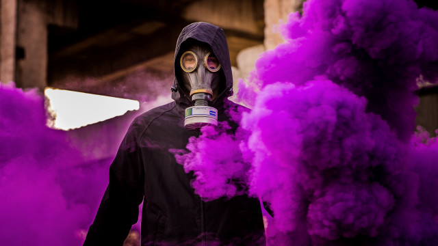 Gas mask purple smoke hooded free wallpaper for desktop - medium preview image