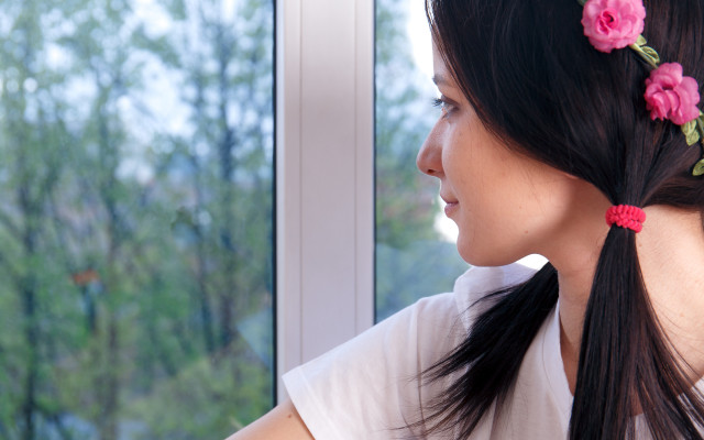 Woman flower hair window trees free wallpaper for desktop - medium preview image