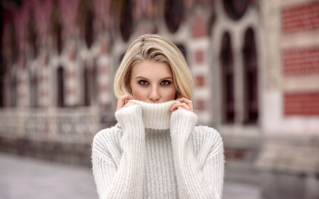 Woman white sweater posing outdoors free wallpaper for desktop - medium preview image