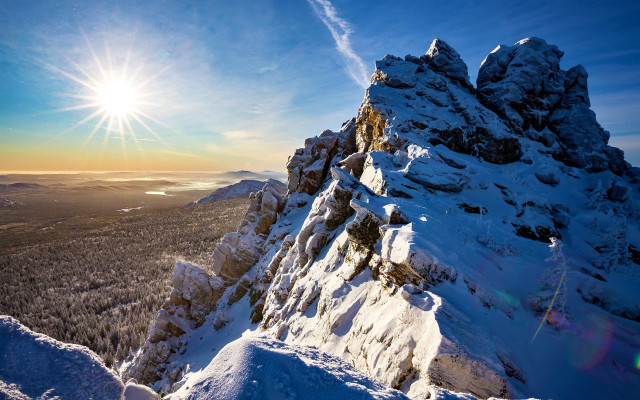 Mountain sun snow trees lake free wallpaper for desktop - medium preview image