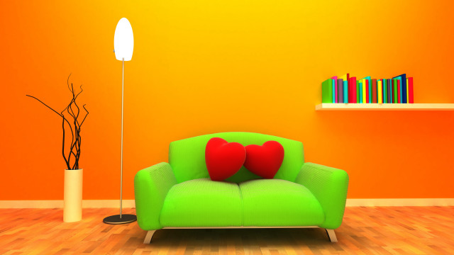 Green couch red pillows yellow free wallpaper for desktop - medium preview image