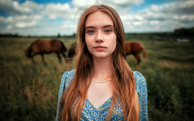 Woman horses field clouds portrait free wallpaper for desktop - medium preview image