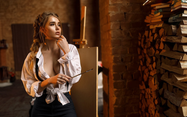 Woman shirt tie books pen free wallpaper for desktop - medium preview image