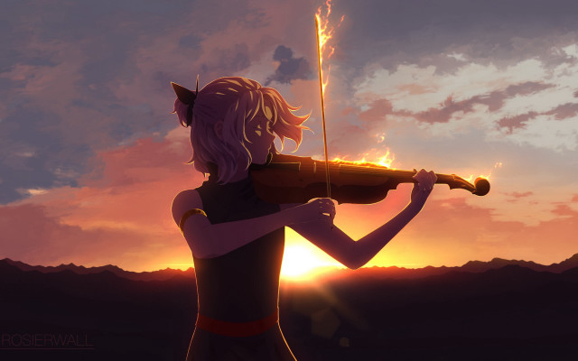Woman violin sunset mountains clouds free wallpaper for desktop - medium preview image