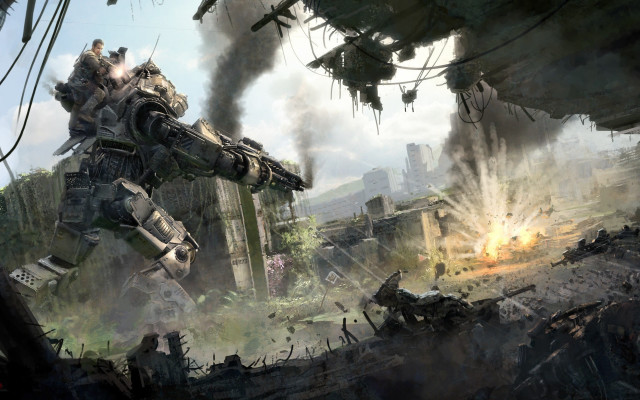 Futuristic city giant robot explosion free wallpaper for desktop - medium preview image