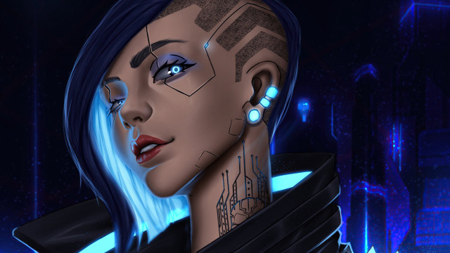 Blue hair facial piercings cyberpunk free wallpaper for desktop - medium preview image