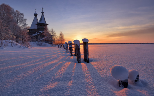 Snowy path church sunset naive free wallpaper for desktop - medium preview image