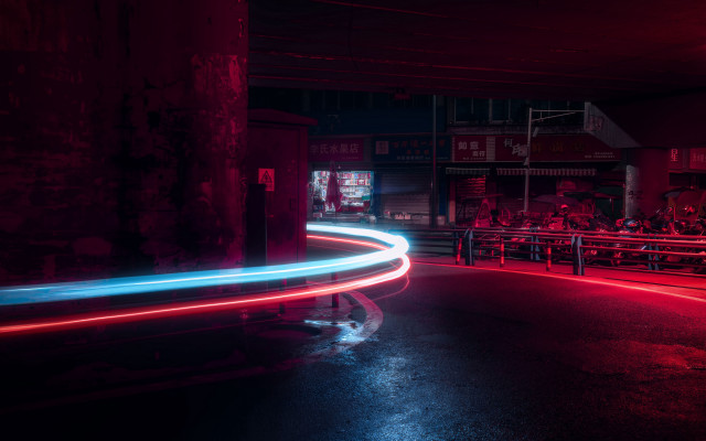 Red blue light streaks dark free wallpaper for desktop - medium preview image