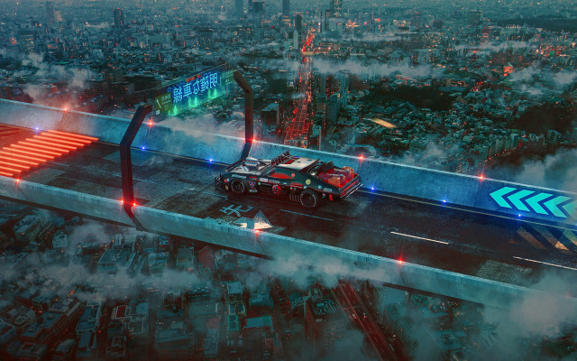 Neon city scifi cyberpunk vehicle free wallpaper for desktop - medium preview image