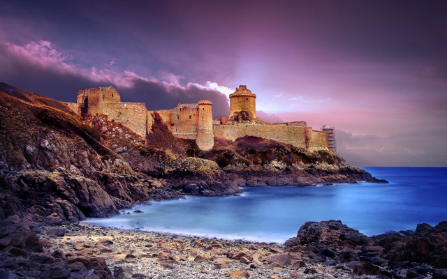 Castle cliff ocean sunset medieval free wallpaper for desktop - medium preview image