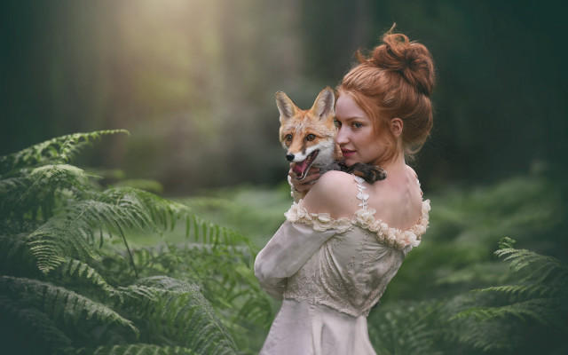 Woman white dress fox forest #2 free wallpaper for desktop - medium preview image