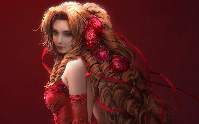 Woman red roses fantasy anime free wallpaper for desktop - medium preview image