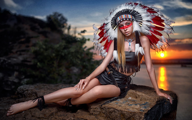 Woman headdress rock water sunset free wallpaper for desktop - medium preview image