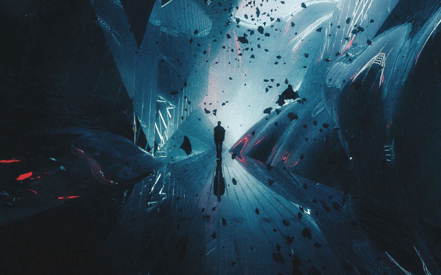 Tunnel walking blue light cyberpunk free wallpaper for desktop - medium preview image