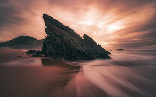 Rock ocean sunset cloudy mountains free wallpaper for desktop - medium preview image