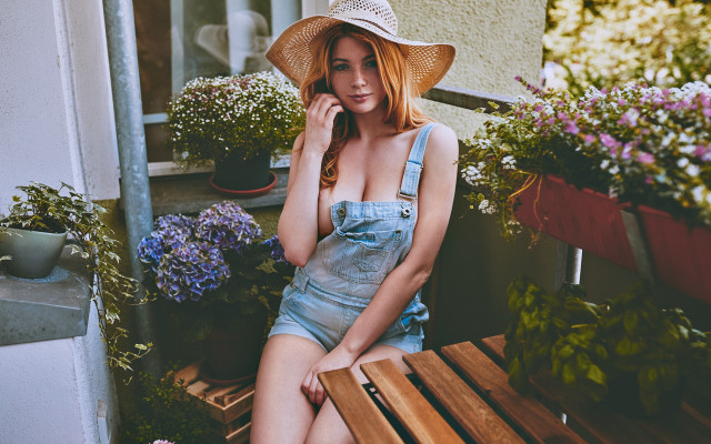 Woman hat bench flowers anna free wallpaper for desktop - medium preview image