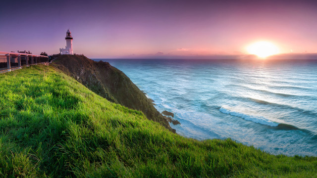 Lighthouse cliff ocean sunset train free wallpaper for desktop - medium preview image